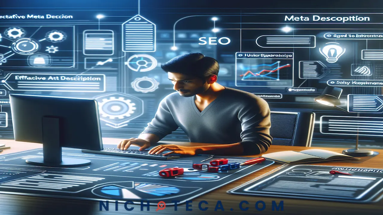 "Imagen ilustrativa de una computadora con un personaje creando una meta descripción efectiva