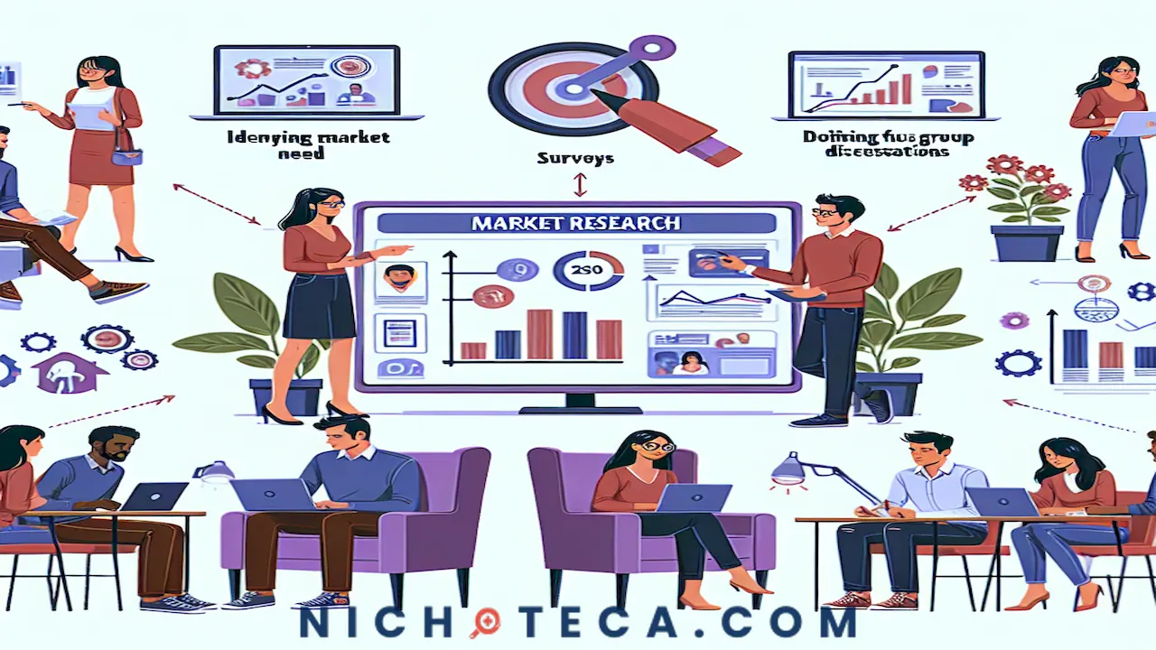 Ilustración de un equipo realizando una investigación de mercado, mostrando el proceso paso a paso y un ejemplo práctico.