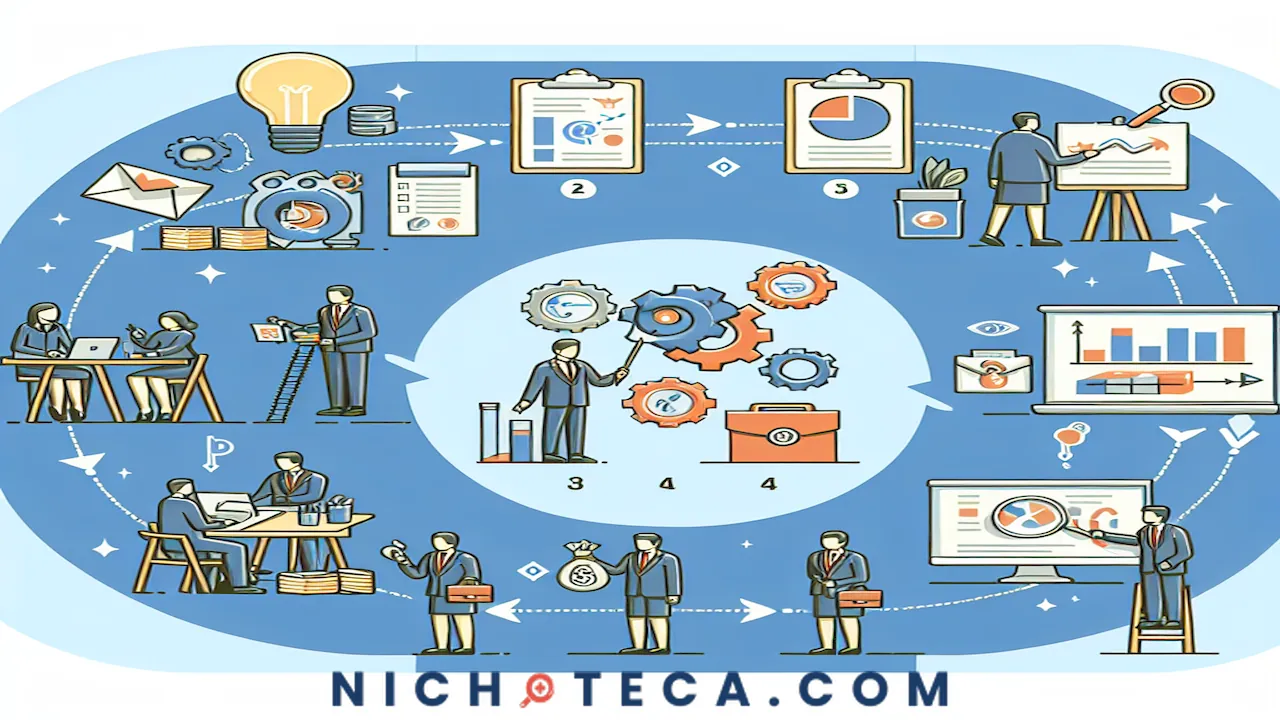 "Diagrama ilustrativo del proceso de investigación de mercado con un ejemplo práctico paso a paso."