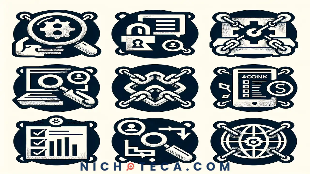 Conjunto de iconos representando herramientas de SEO para construir enlaces de forma efectiva.