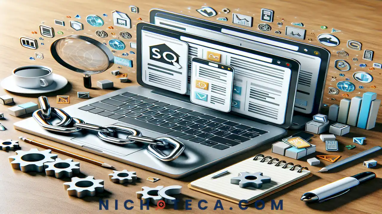 Imagen de un ordenador portátil con herramientas de SEO y elementos de construcción que representan el concepto de Linkbuilding.