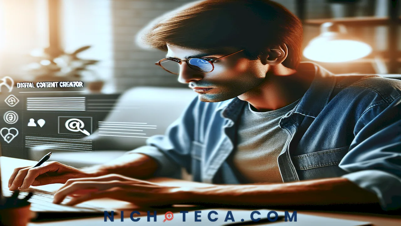 "Imagen de una persona trabajando en una computadora y creando contenido digital para redes sociales de manera estratégica y efectiva."