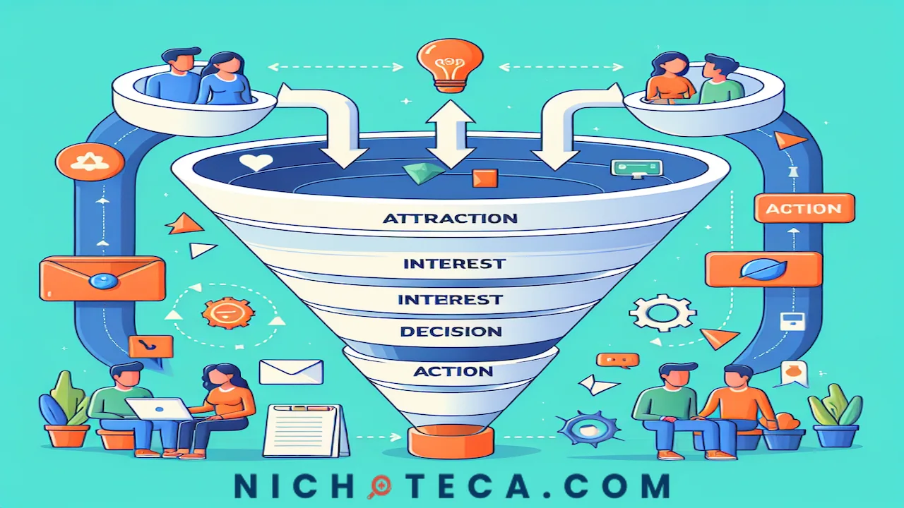 Qué es el embudo de marketing y cómo se adquieren clientes "Diagrama del embudo de marketing con las etapas de atracción